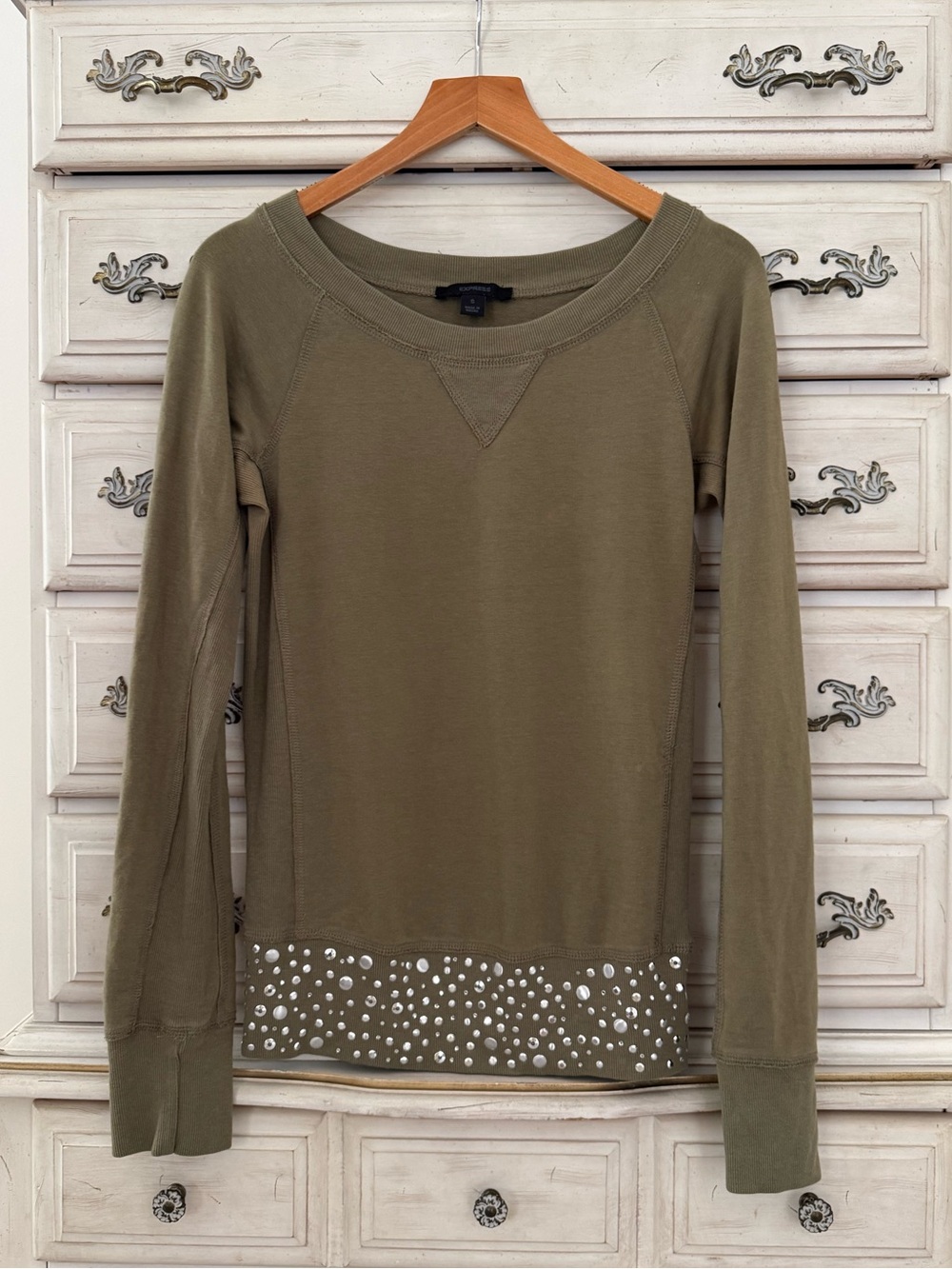 Express Olive Studded Long Sleeve Top